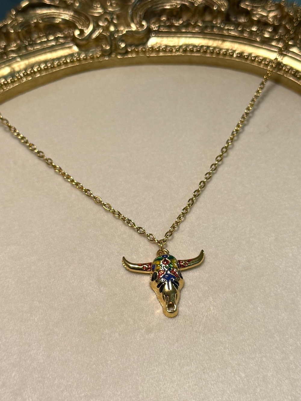Gold Western Bull Skull 18k gold plated Pendant Necklace with Multicolor Enamel